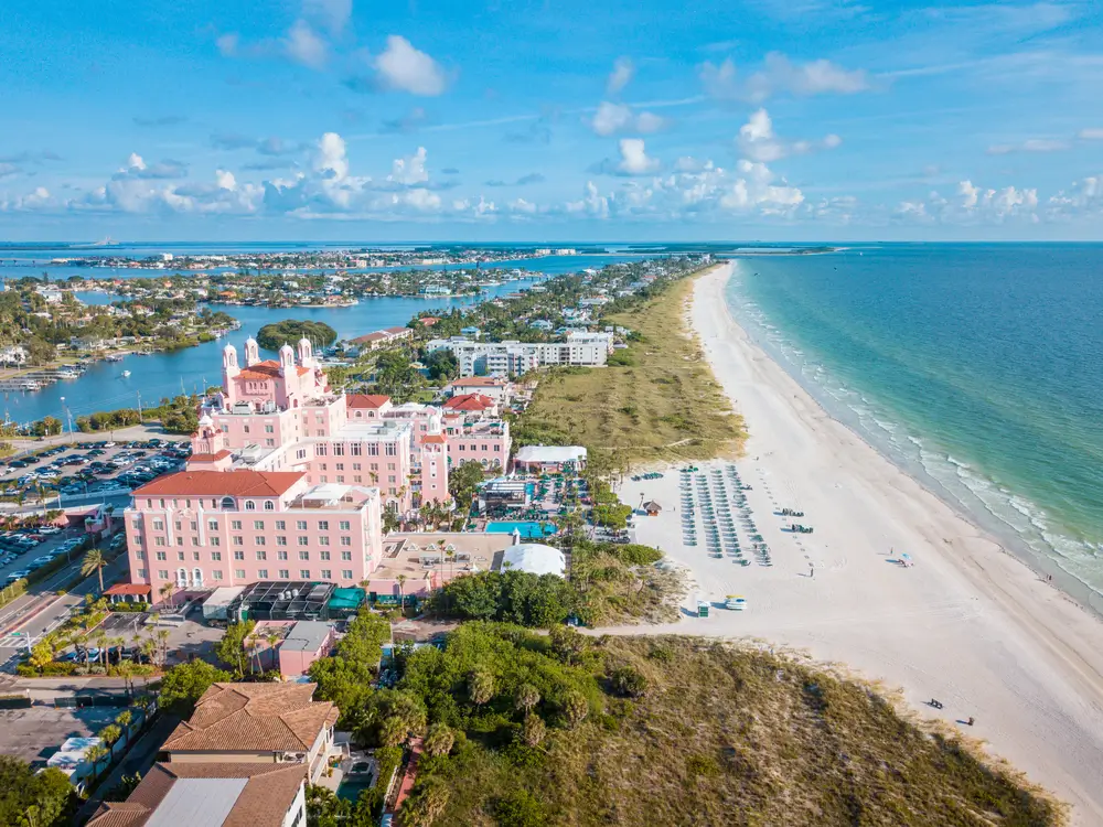 Aerial view of St. Pete Beach with the pink Don CeSar hotel along the Gulf shoreline