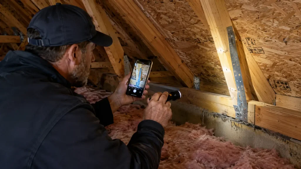 inspector photographing roof-to-wall hurricane straps in the attic during a wind mitigation inspection