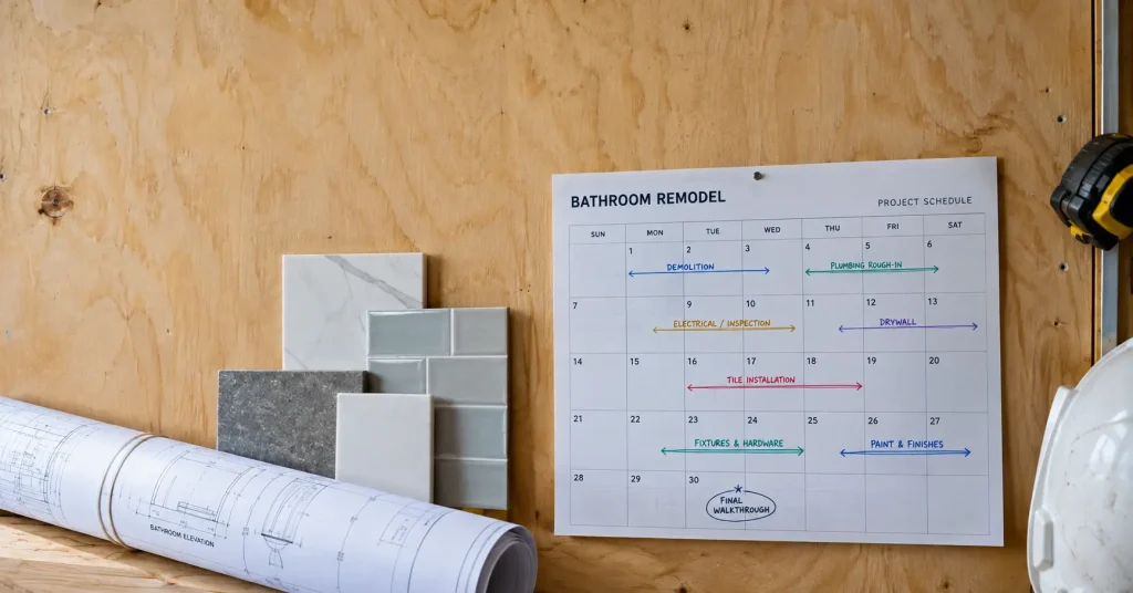 contractor's wall calendar marked with a week-by-week bathroom remodel schedule