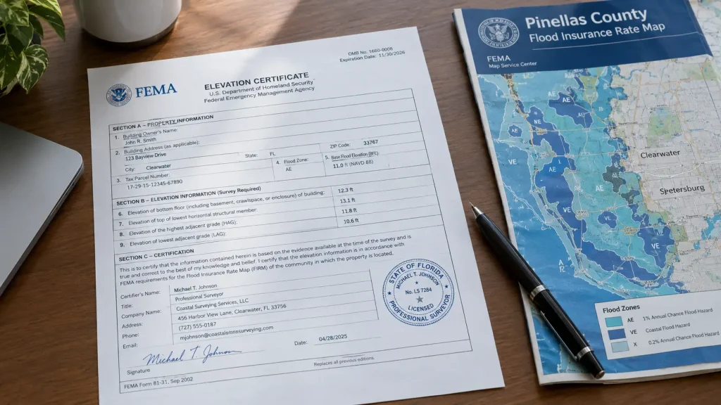 completed FEMA elevation certificate paperwork with a Pinellas County flood map on a desk