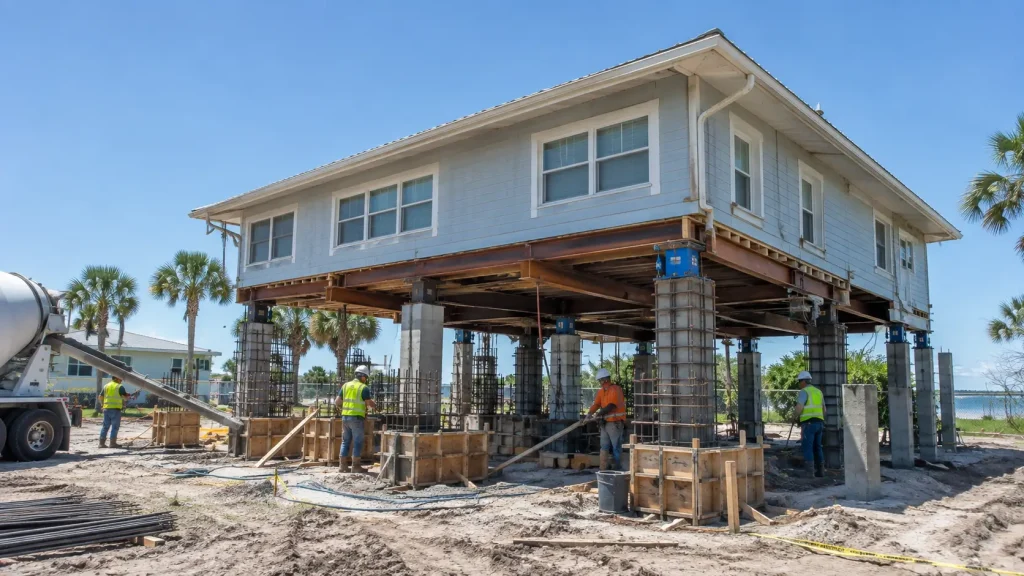 new elevated pier foundation being built under a raised home in a Pinellas County VE flood zone