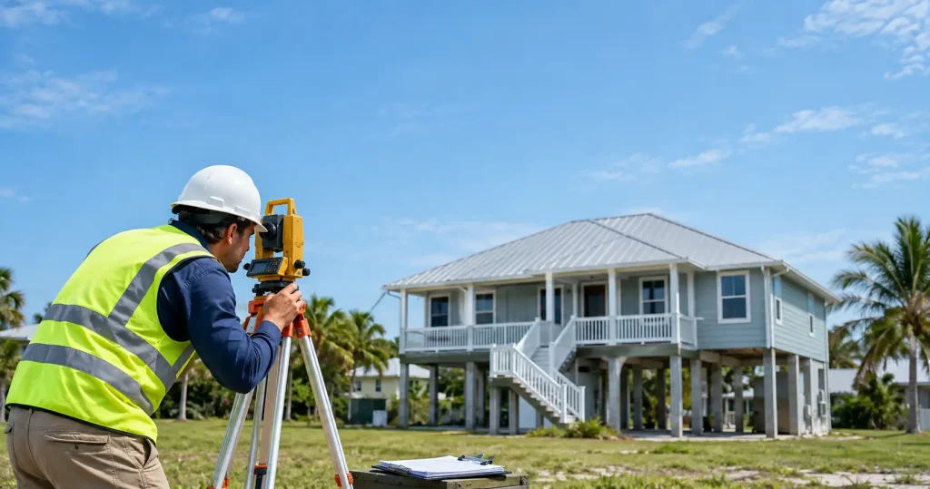 surveyor setting up a level in front of a Florida home to complete an elevation certificate