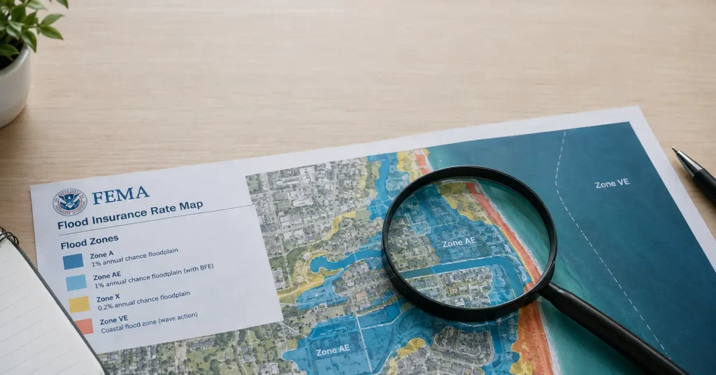 close-up of a printed FEMA flood zone map with a magnifying glass over a coastal Florida neighborhood