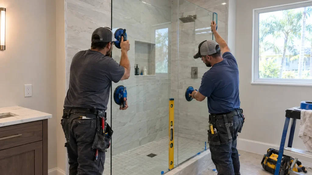 frameless glass shower enclosure being installed during the final week of a bathroom remodel