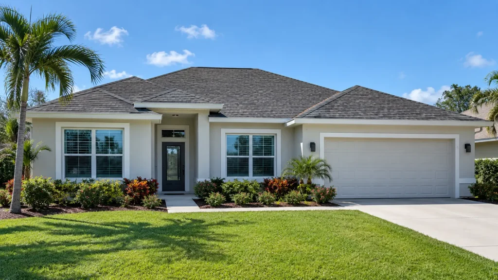 hip roof Florida home with a recent code-compliant reroof and impact-rated windows