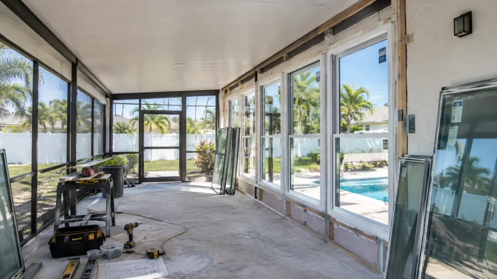 screened lanai being converted into a glass sunroom with new impact windows