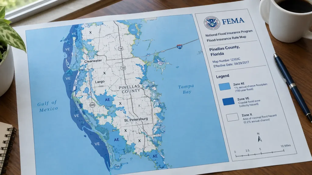 FEMA flood map of Pinellas County showing Zone X areas next to AE and VE zones along the coast
