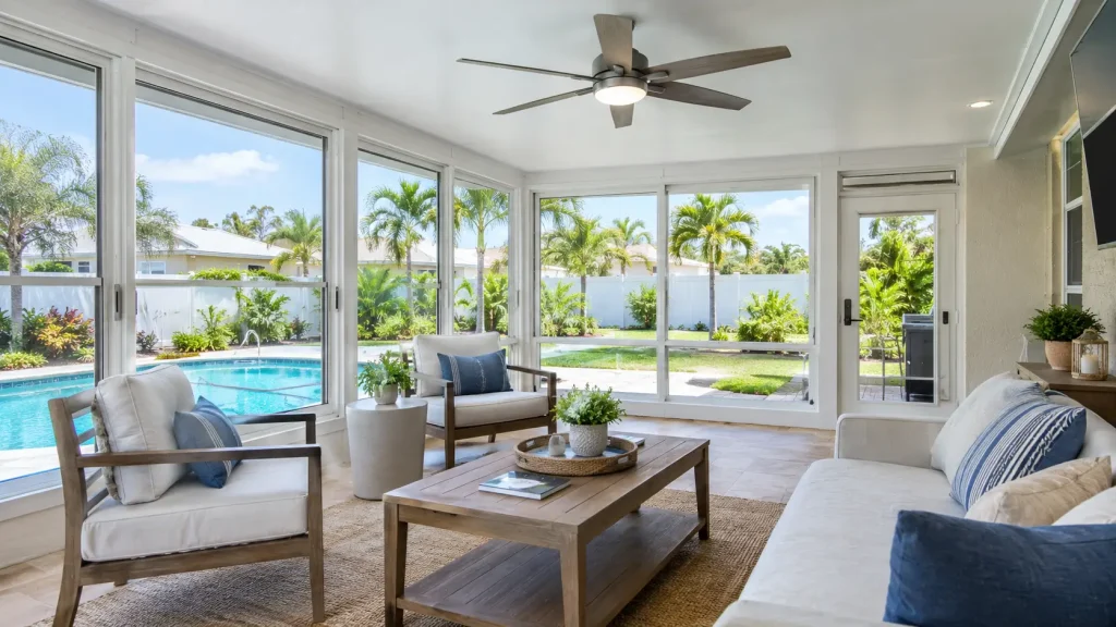 four-season sunroom addition on a Pinellas County home with impact-rated windows overlooking a pool