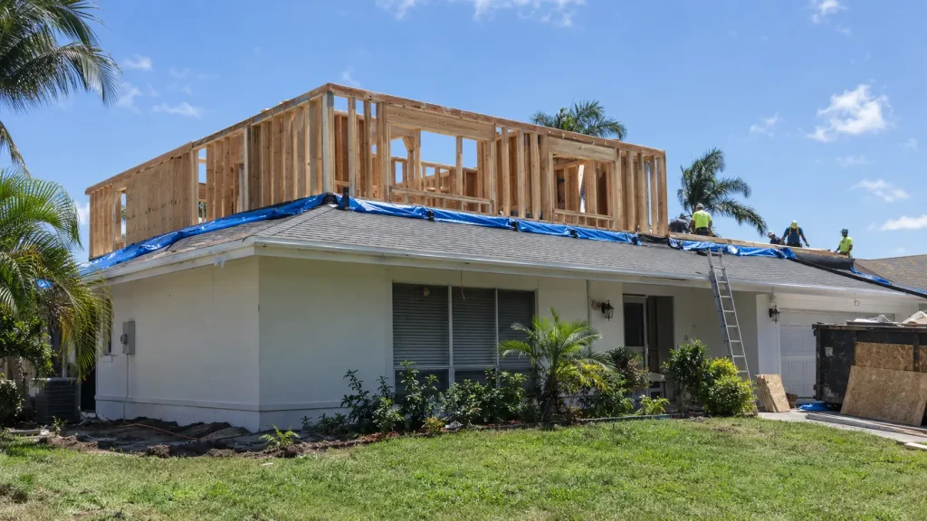 second story addition under construction on a one-story ranch home in Pinellas County Florida