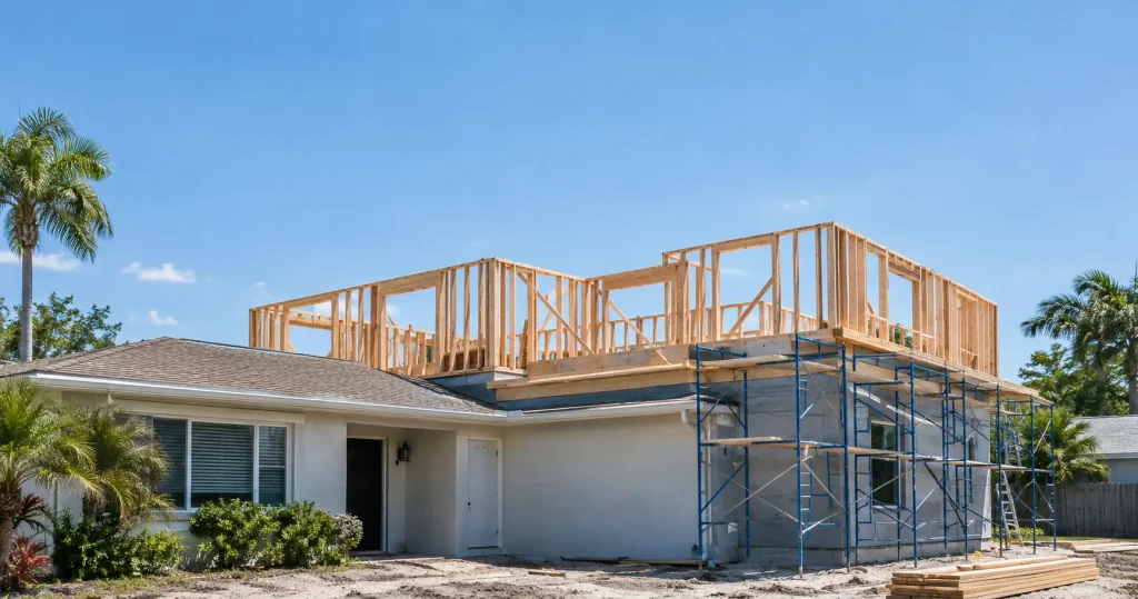 second story framing rising above a one-story ranch home during a Tampa Bay addition project
