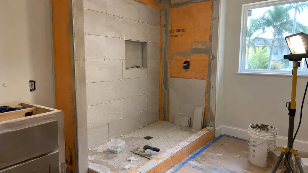 bathroom remodel in progress in a Seminole Florida home with new tile shower and waterproofing