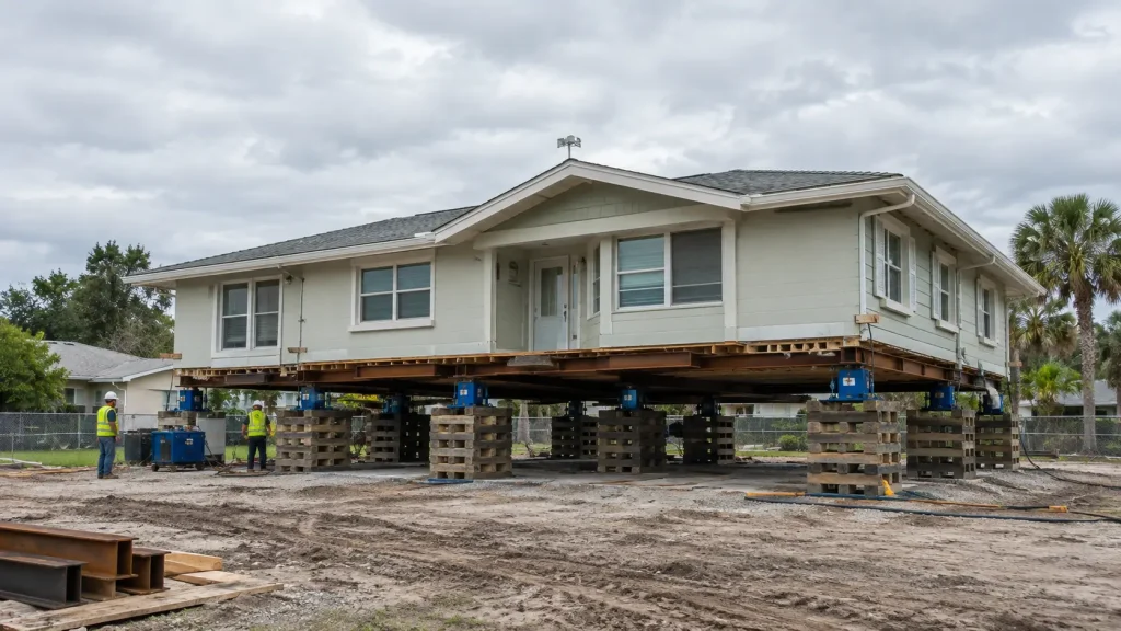 one-story Florida home raised on steel beams and cribbing during a house elevation project in St. Petersburg