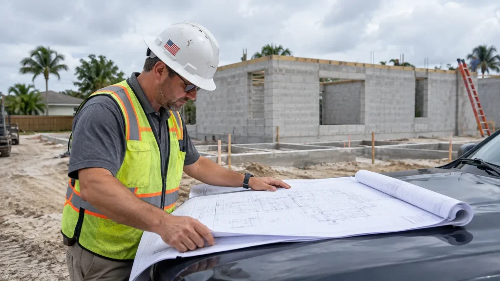 structural engineer reviewing second story addition blueprints on site at a Pinellas County home