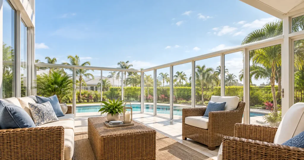 bright four-season sunroom addition with impact windows overlooking a backyard pool