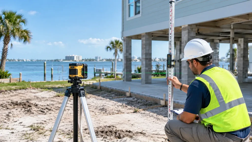 surveyor measuring finished floor elevation at a waterfront home in Pinellas County for a FEMA elevation certificate