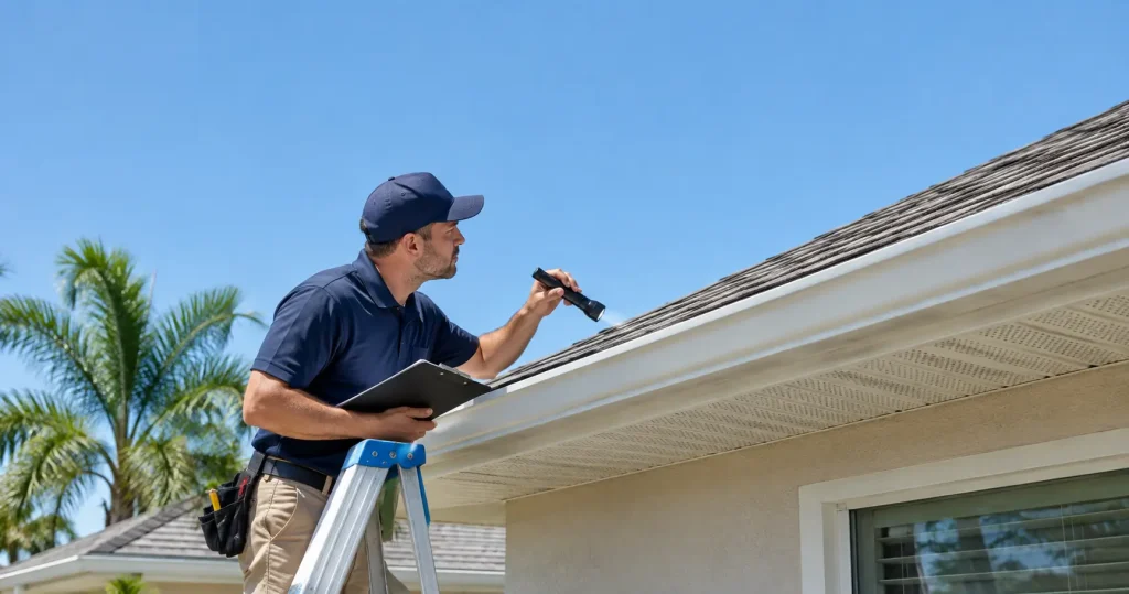 home inspector examining roof shingles and eaves during a Florida wind mitigation inspection